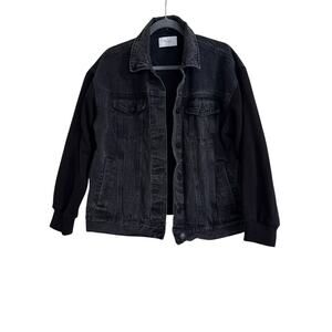 Kan Kan Black Denim Button Up Jacket with Sweatshirt Sleeves, Medium